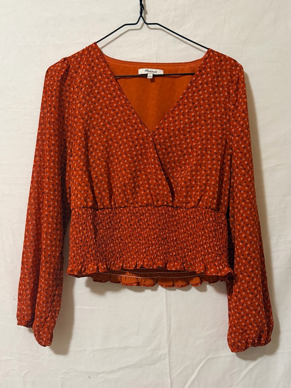 Madewell Burnt Orange Floral Wrap-Style Smocked Blouse